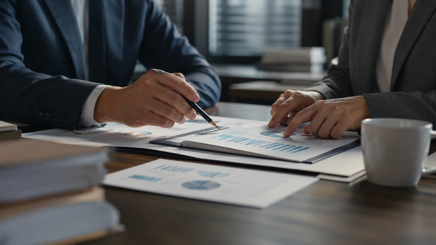 Profesionales revisando documentos y gráficos de negocio