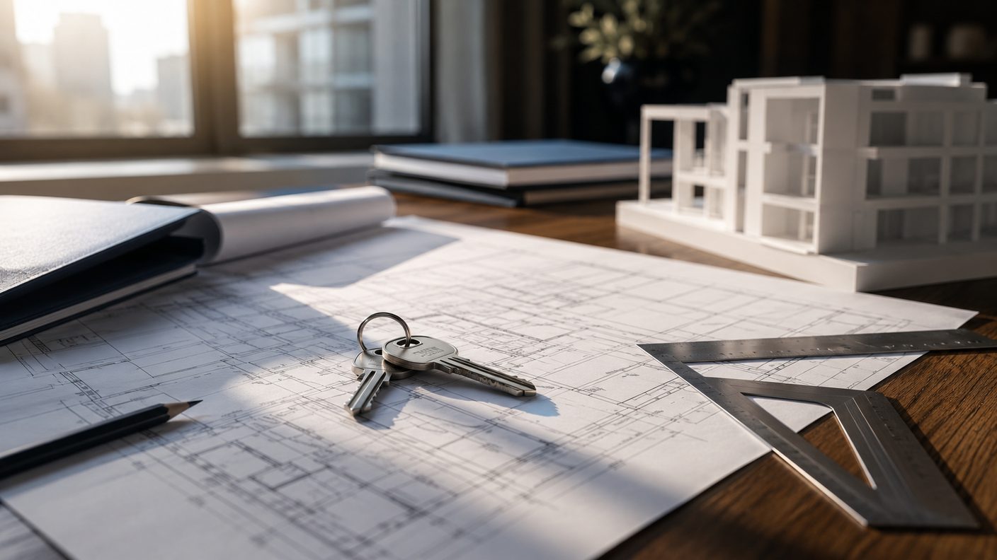 Planos arquitectónicos y llaves sobre un escritorio